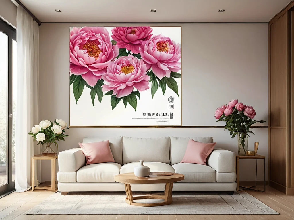 Элегантный угол комнаты, украшенный пышными пионами, символизирующими активацию зоны любви по карте Багуа. Точное размещение для усиления романтической энергии.