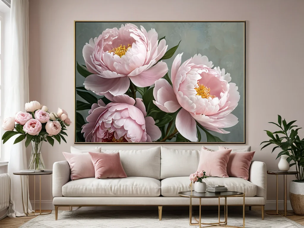 Современная гостиная с элегантными обоями и картиной, изображающей пионы. Изображения пионов как элемент декора, помогающий обрести любовь и создать эстетически приятную атмосферу.