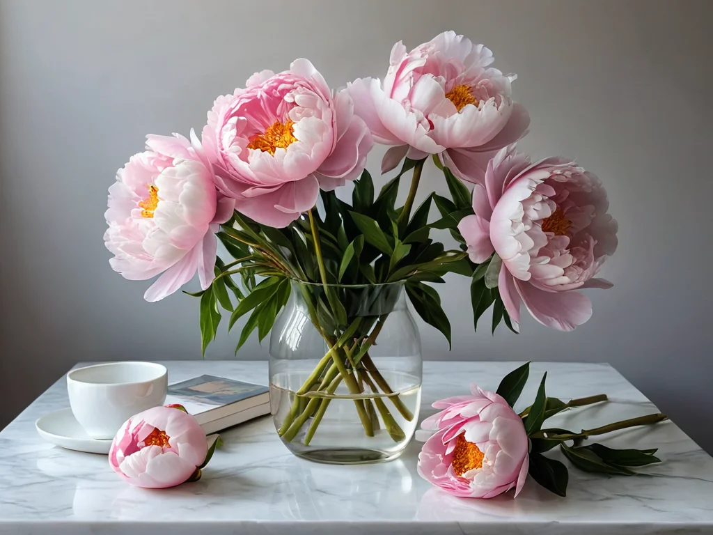 Идеально сбалансированная композиция из свежих, ярких пионов в интерьере. Иллюстрация правильного подхода к использованию пионов в феншуй, чтобы избежать распространенных ошибок и привлечь любовь.
