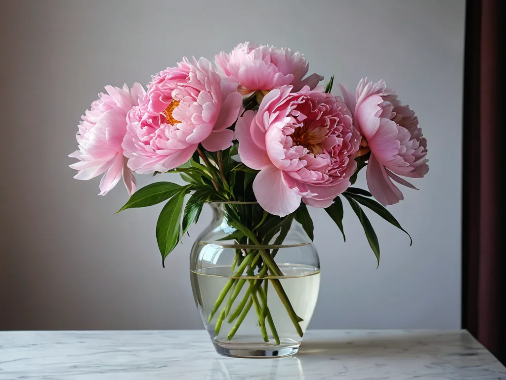 Изображение пышных розовых пионов в изящной вазе, освещенных мягким светом, создающих романтическую ауру. Этот магический цветок в феншуй символизирует привлечение любви и страсти.