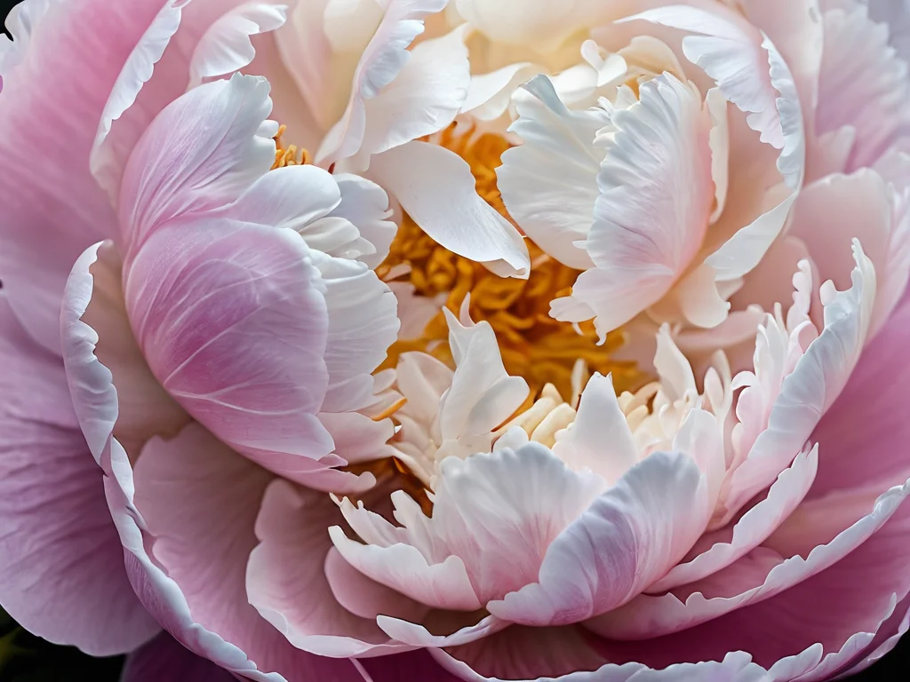 Крупный план нежных лепестков пиона, демонстрирующих глубокий символизм цветка в феншуй. Гармоничные цвета подчеркивают его роль как ключа к счастливым и крепким отношениям.