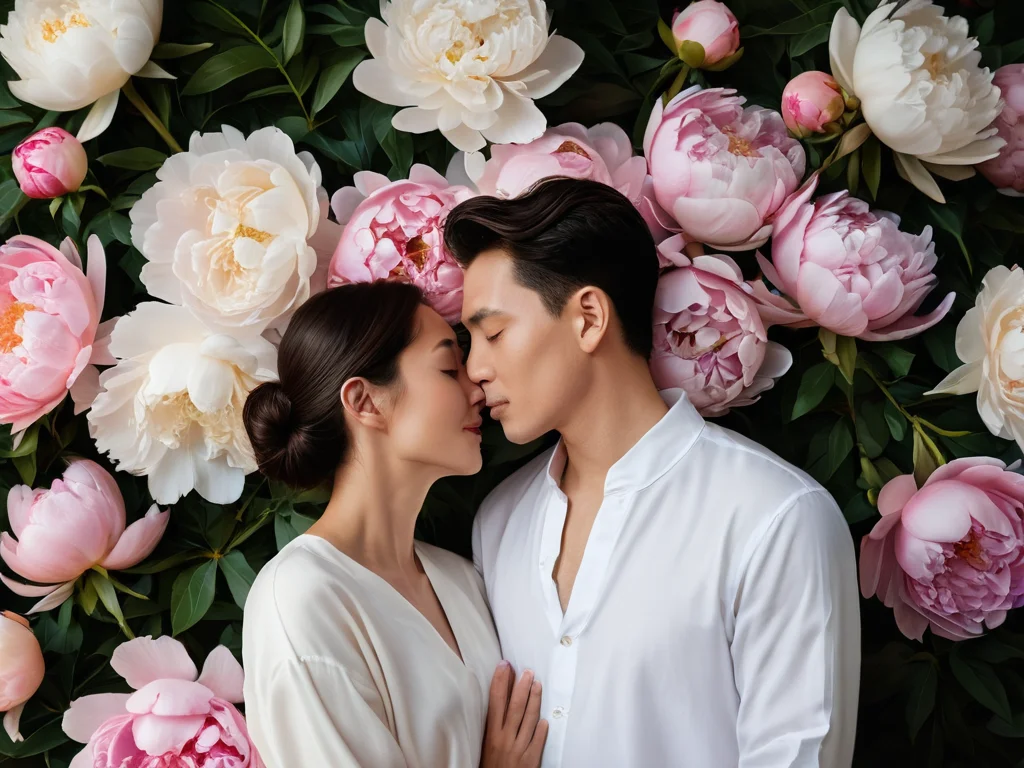 Спокойная домашняя обстановка с фоном из цветущих пионов, символизирующая гармоничные отношения и любовь. Визуальное подведение итогов успешного пути к счастливым отношениям через феншуй.