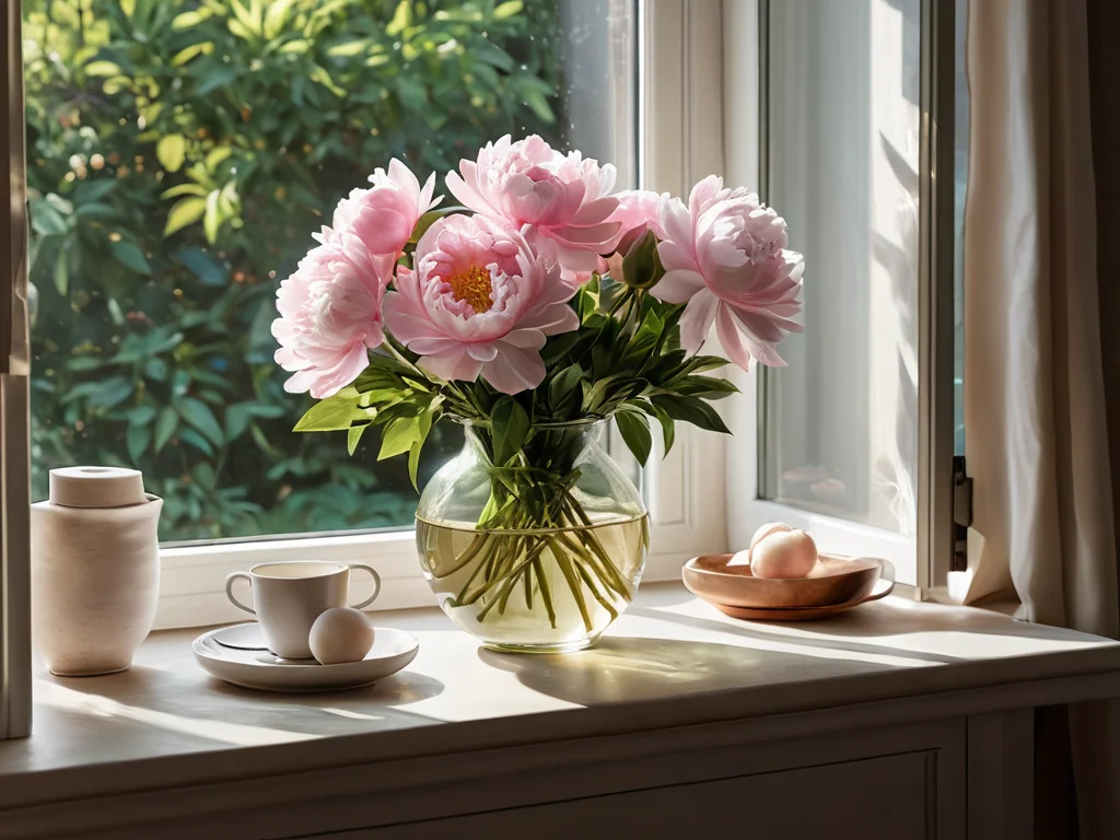 Здоровые, цветущие живые пионы на солнечном подоконнике в уютном домашнем интерьере. Руководство по размещению и уходу за цветами для усиления романтики и привлечения любви.