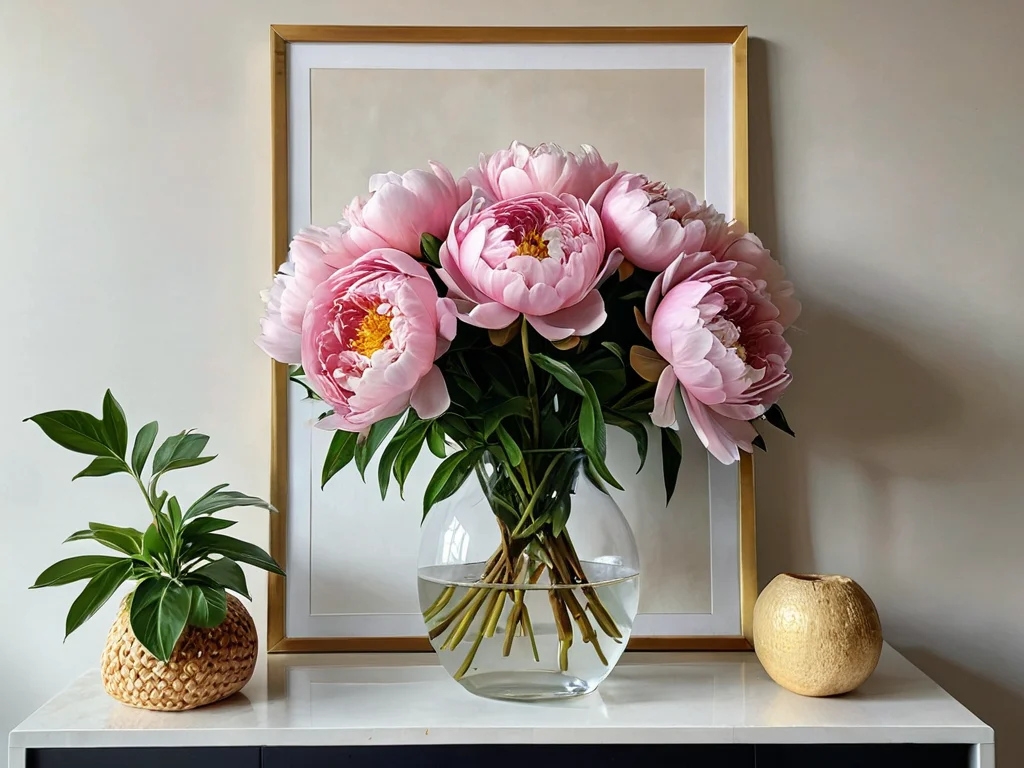 Разнообразие пионов: живой куст в горшке, свежесрезанные цветы в вазе и картина с изображением пионов на стене. Иллюстрация различных способов использования пионов для привлечения любви.