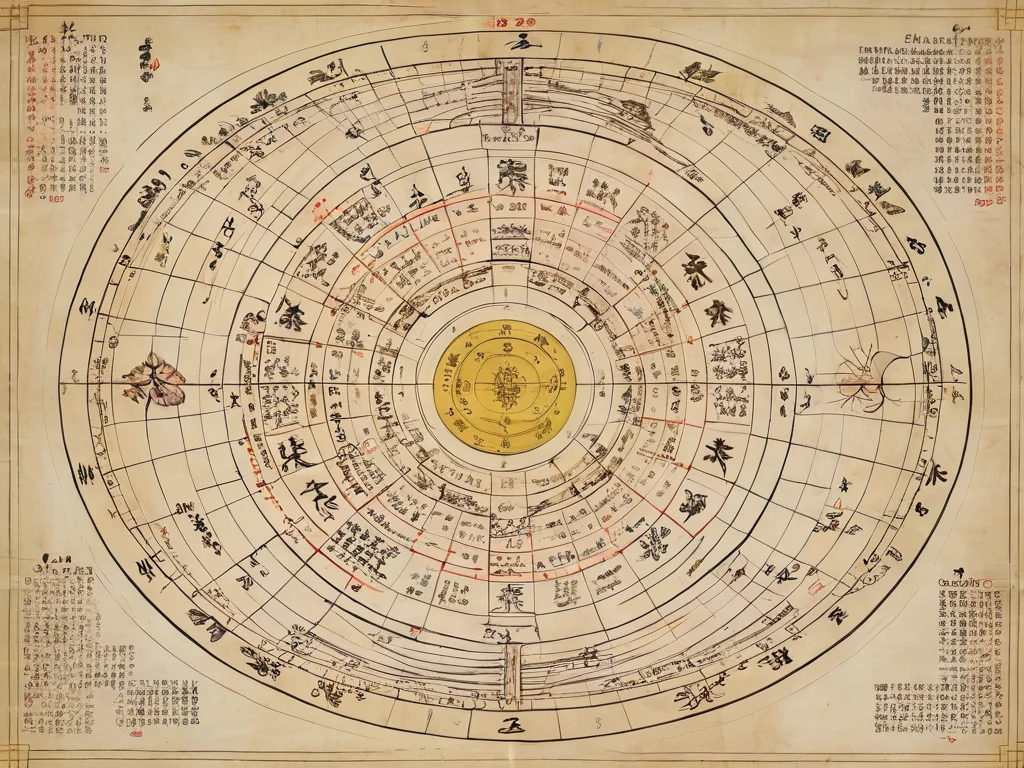 Визуализация сетки Летящих Звезд (Luo Shu Grid) с диаграммой древней китайской астрологии, показывающей потоки небесной энергии, стилизованное под фотореализм.