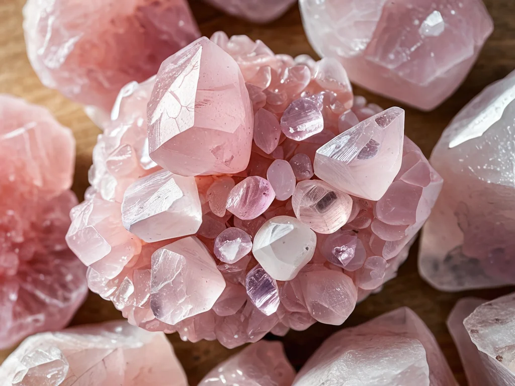 Детализированное изображение скопления кристаллов розового кварца с его нежными розовыми оттенками и естественными гранями, демонстрирующее его уникальные энергетические свойства и способность притягивать нежность.
