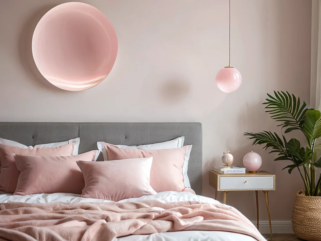 Сфера из розового кварца, гармонично расположенная в элегантной спальне с минималистичным декором и мягким освещением, иллюстрирующая принципы Феншуй для активации сферы любви и создания спокойной атмосферы.