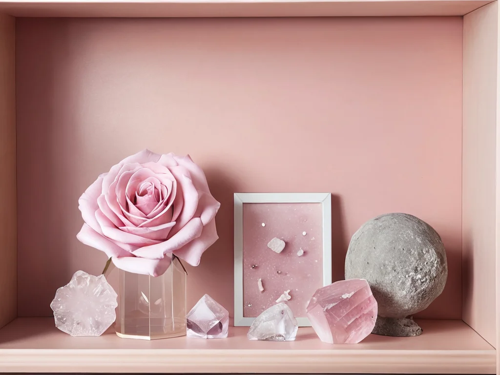 Сцена, изображающая пыльную, загроможденную полку с неправильно расположенным или поврежденным розовым кварцем, демонстрирующая распространенные ошибки при использовании камня, которые следует избегать для эффективного привлечения любви и гармонии.