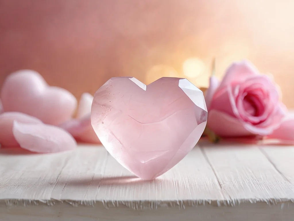 Крупный, нежно-розовый кристалл кварца, излучающий мягкое свечение, символизирующее открытое сердце, притяжение любви и гармонии в жизнь.