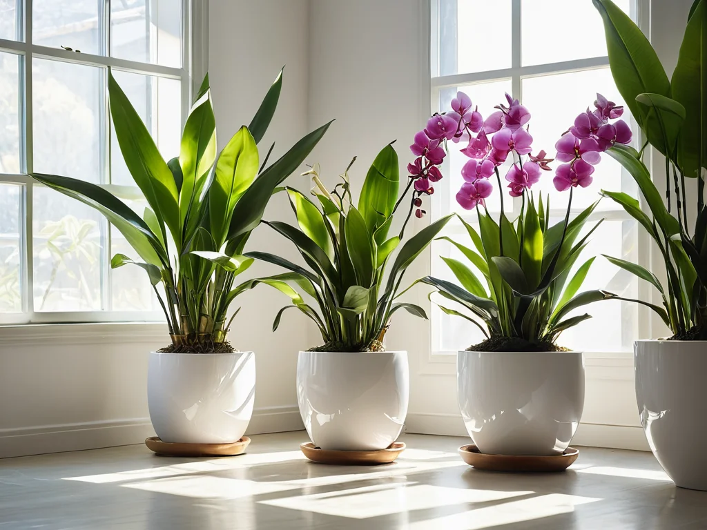 Яркие, цветущие живые растения: пышная орхидея, счастливый бамбук и сансевиерия в светлых горшках, расположенные в залитой солнцем комнате, демонстрирующие лучшие альтернативы сухоцветам для привлечения удачи и процветания.