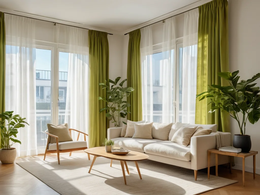 Просторная, залитая солнцем гостиная с пышными живыми растениями, легкими шторами, создающая ощущение потока живой энергии Ци, наполняющей дом жизненной силой и гармонией.