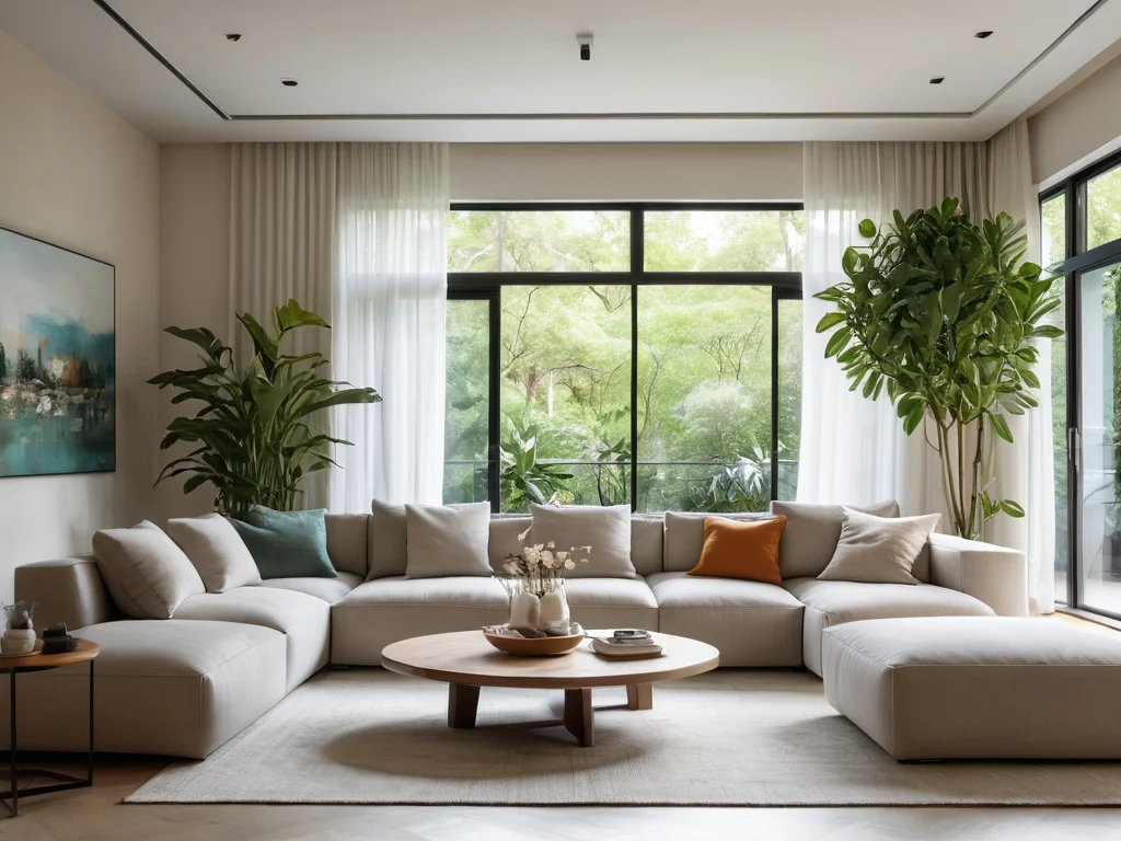 Светлый, гармоничный интерьер современного дома с обилием живых растений и естественного света, создающий ощущение источника живой энергии, процветания и уюта, где каждый элемент способствует гармонии.