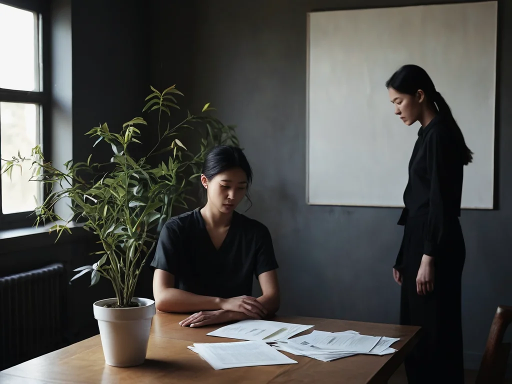 Визуализация невидимого воздействия «мертвой» энергии сухоцветов на аспекты жизни: поникшее комнатное растение, символизирующее ухудшение здоровья, размытые силуэты, намекающие на напряжение в отношениях, и скомканные бумаги как знак финансовых проблем.