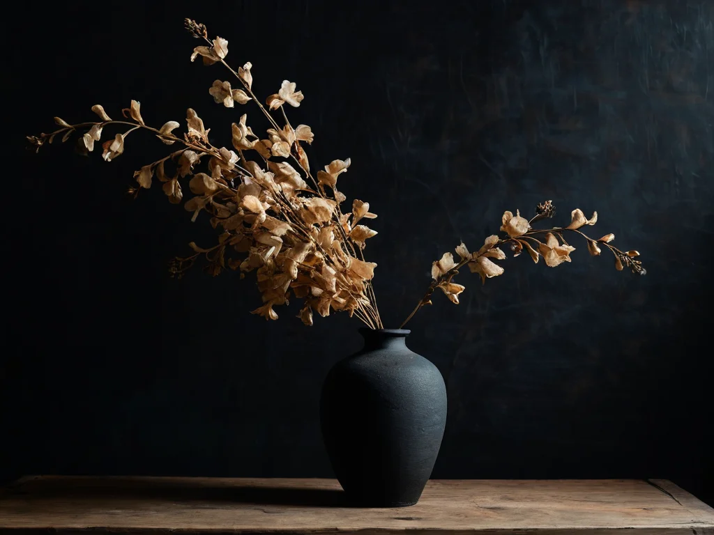 Изящная композиция из сухоцветов в стильной вазе, окутанная легкой тенью, символизирующая привлекательность и скрытую угрозу, которая вызывает вопросы в феншуй о красоте и мертвой энергии.