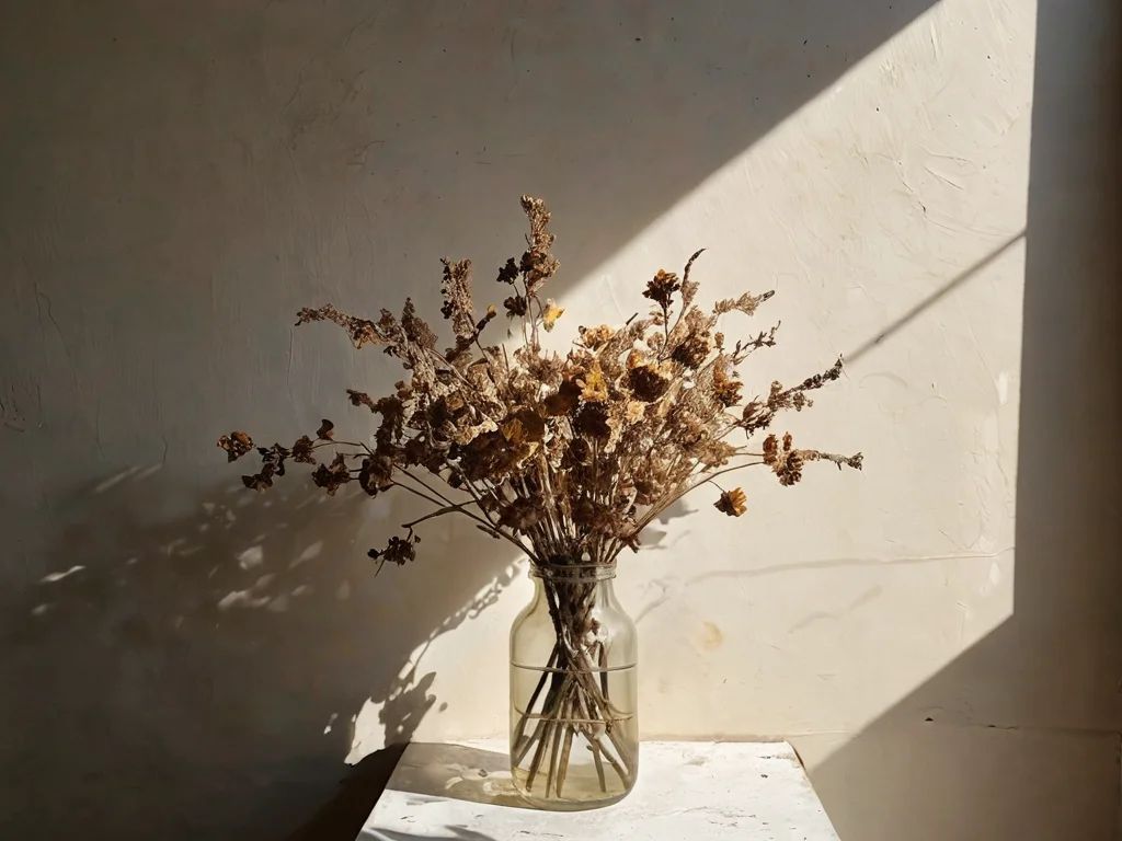 Забытая композиция из пыльных, увядших сухоцветов в темном углу, создающая ощущение застоя, тяжелой Инь энергии и застывшей жизни, которая накапливается в пространстве дома.