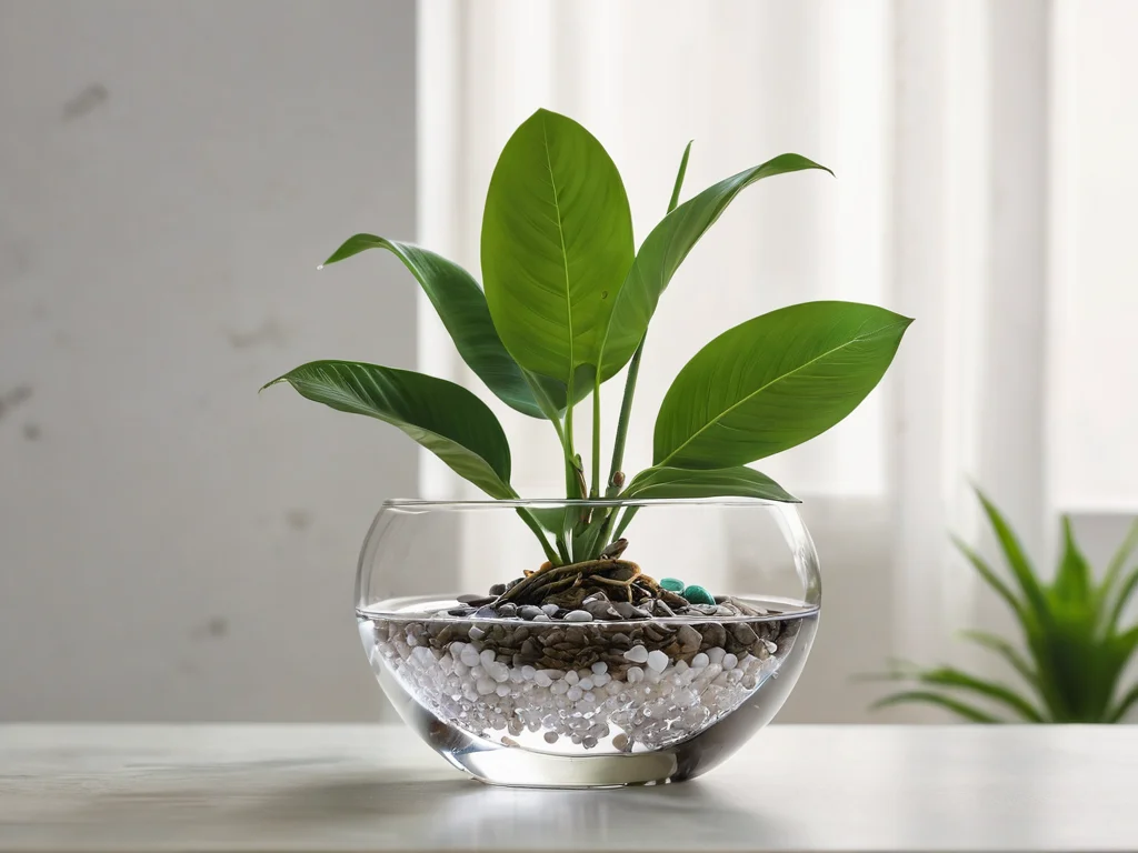 Здоровое и пышное комнатное растение, стоящее в месте с обильным естественным светом, рядом с которым расположен небольшой кристалл или другой элемент феншуй, символизирующий активацию Ци и ускорение исцеления растения.