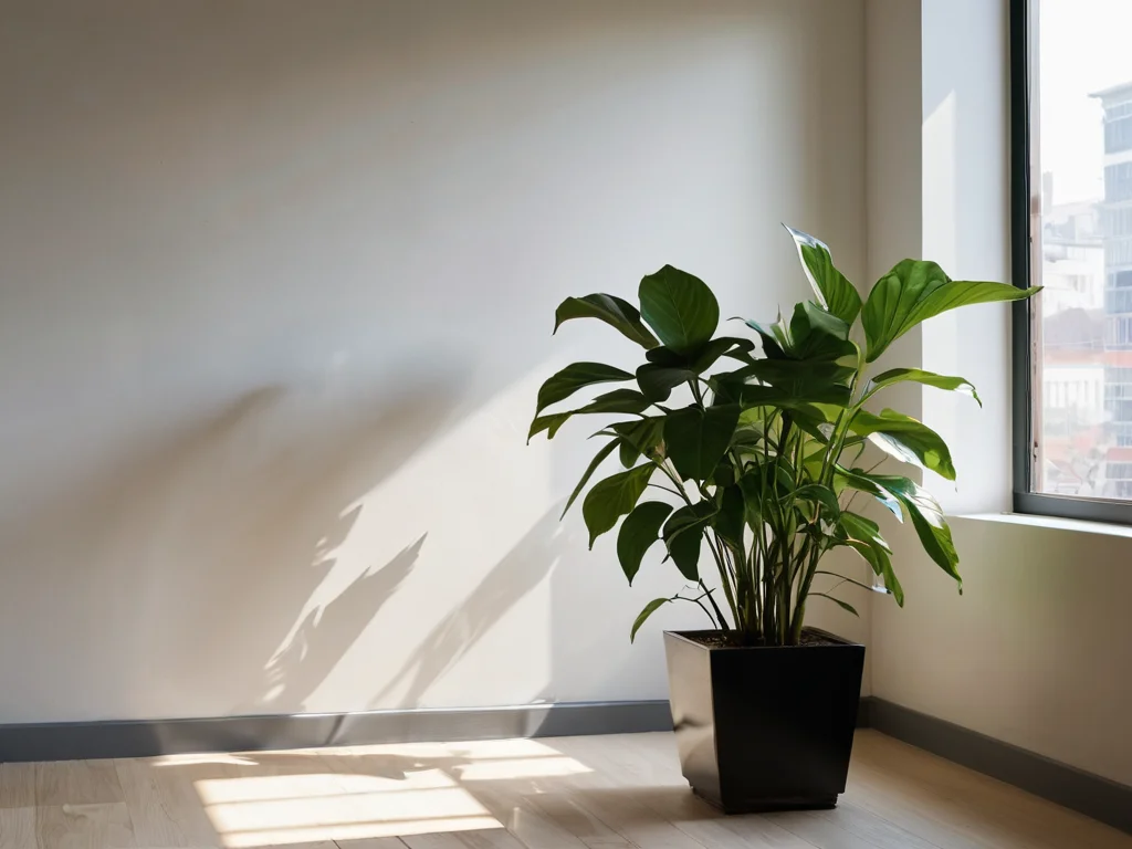 Сильно больное комнатное растение с пожелтевшими и увядающими листьями, создающее ощущение застоя и притягивающее негативную энергию Ша, которая блокирует потоки удачи в пространстве.