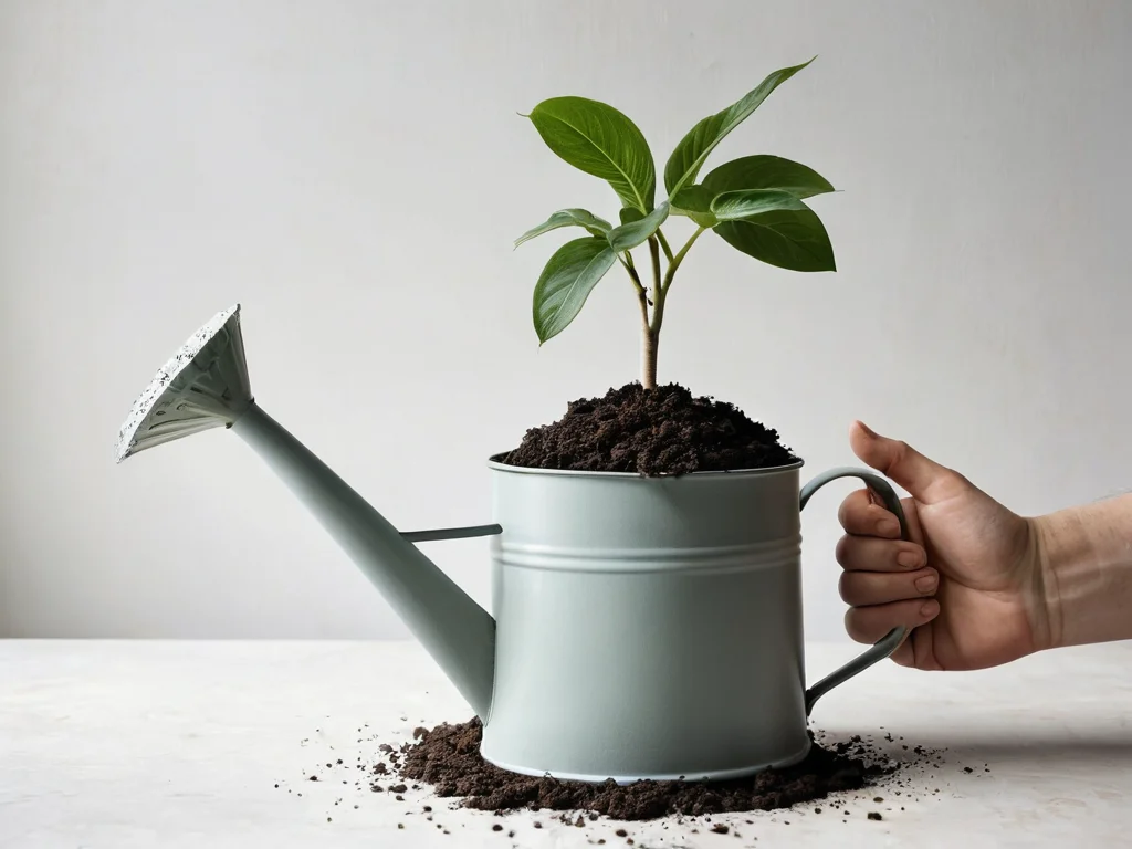 Крупный план рук, аккуратно пересаживающих комнатное растение в свежую почву, обрезающих сухие листья и поливающих, демонстрирующий пошаговую реанимацию и возвращение растению жизненной силы через правильный уход.