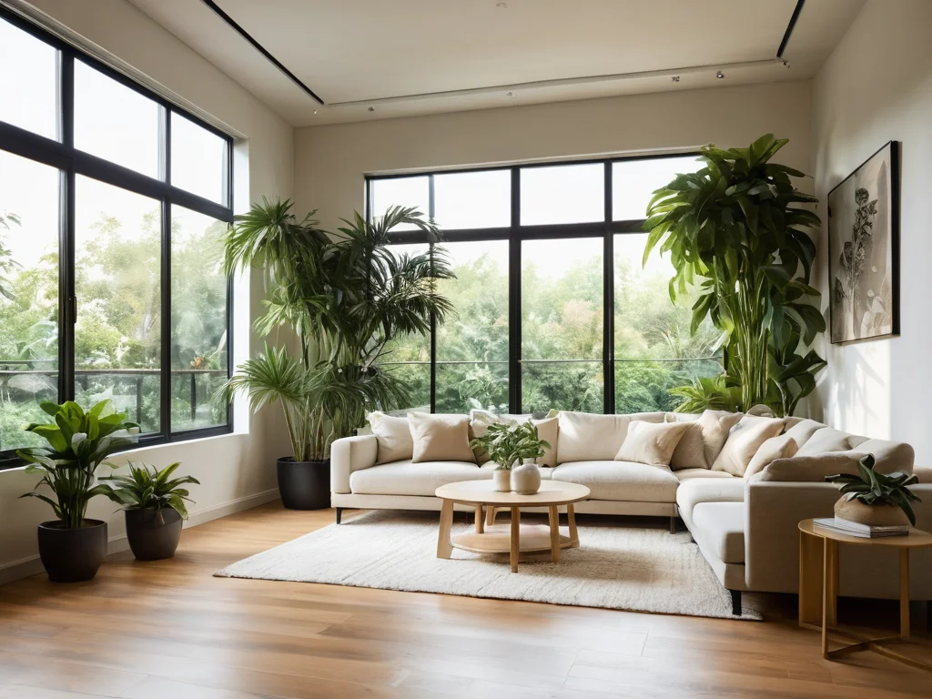 Интерьер дома, наполненный множеством здоровых и пышных комнатных растений, создающих атмосферу гармонии и благополучия, поддерживая жизненную энергию пространства для постоянного процветания.