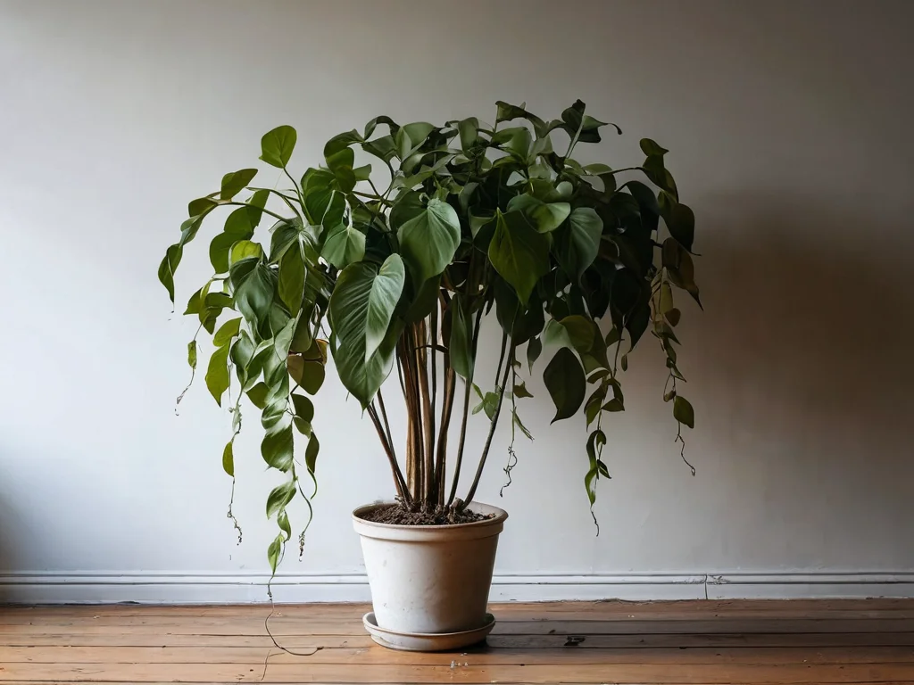 Увядающее комнатное растение с поникшими листьями на фоне уютного, но слегка тусклого интерьера, символизирующее ослабление живой энергии в доме и тревожный звонок для феншуй.