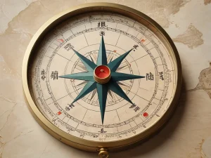 Изображение компаса Феншуй, символизирующего личное руководство и самопознание, на фоне древней мудрости и безмятежной атмосферы, передающей тонкую энергию.