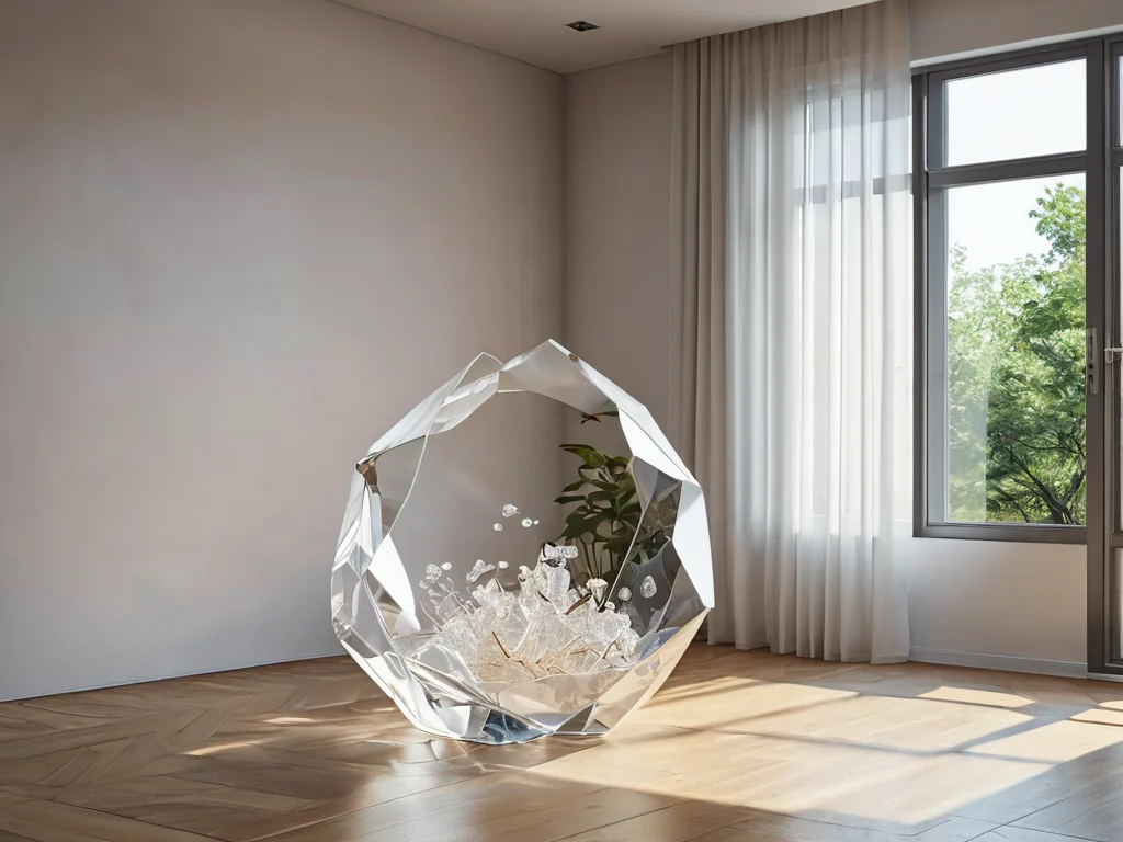 Фотореалистичное изображение интерьера, украшенного защитными кристаллами и элементами, создающими энергетический щит, с мягким рассеянным светом и потоком позитивной энергии, иллюстрирующее нейтрализацию геопатогенных зон.