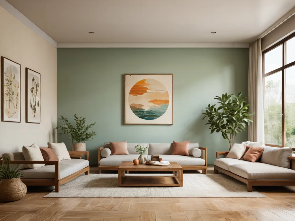 Фотореалистичное изображение гармонично организованного пространства с использованием элементов феншуй, включая карту Багуа и сбалансированную цветовую палитру, демонстрирующее создание безопасного и здорового жилища.