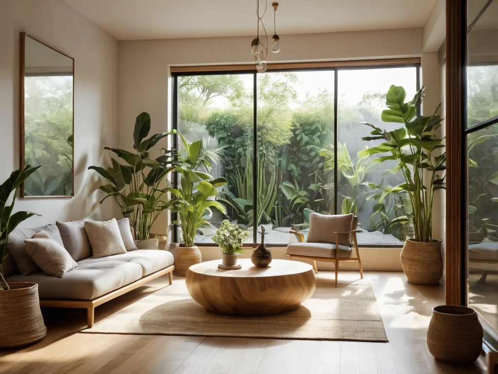 Фотореалистичное изображение светлого и просторного интерьера дома, созданного с использованием натуральных материалов, обильного солнечного света и живых растений, передающее атмосферу здоровья, гармонии и безопасности.
