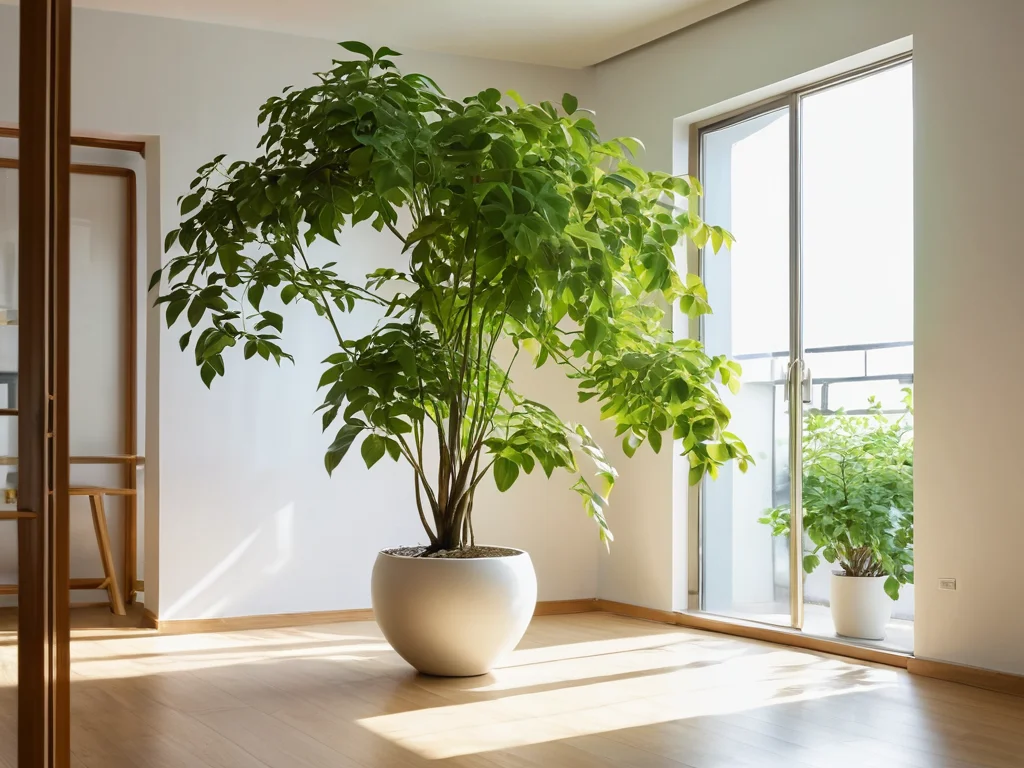 Визуализация потоков энергии Чи в жилом пространстве, где изящные вьющиеся растения, такие как лианы, направляют и гармонизируют эти потоки, демонстрируя их влияние на общую энергетику дома согласно принципам Феншуй.