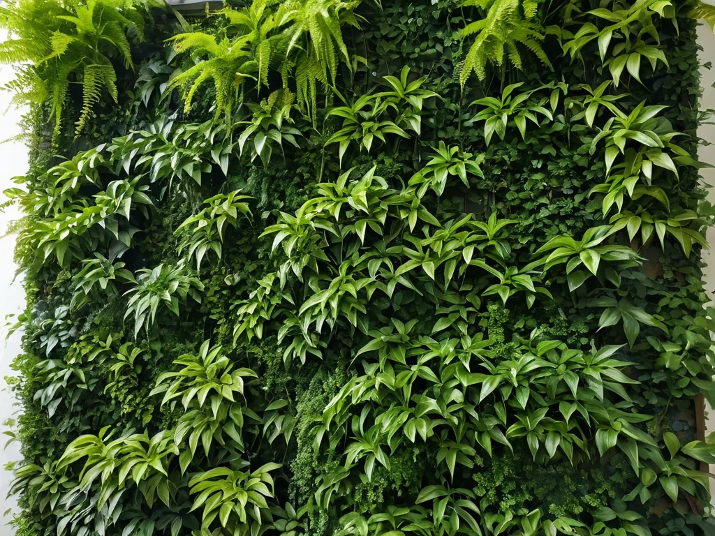 Изображение демонстрирует искусство направления роста вьющегося растения по элегантному трельяжу или опоре, создавая 'живую стену', что является примером формирования роста для усиления позитивной Чи и гармонии в интерьере по Феншуй.