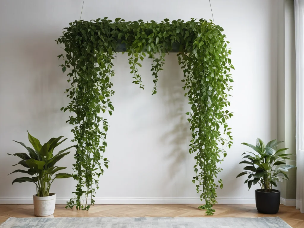 Ухоженное вьющееся растение в доме, демонстрирующее здоровый рост и яркую зелень. Изображение акцентирует внимание на важности регулярного ухода за вьющимися растениями как ключевого аспекта поддержания гармонии и процветания по Феншуй.