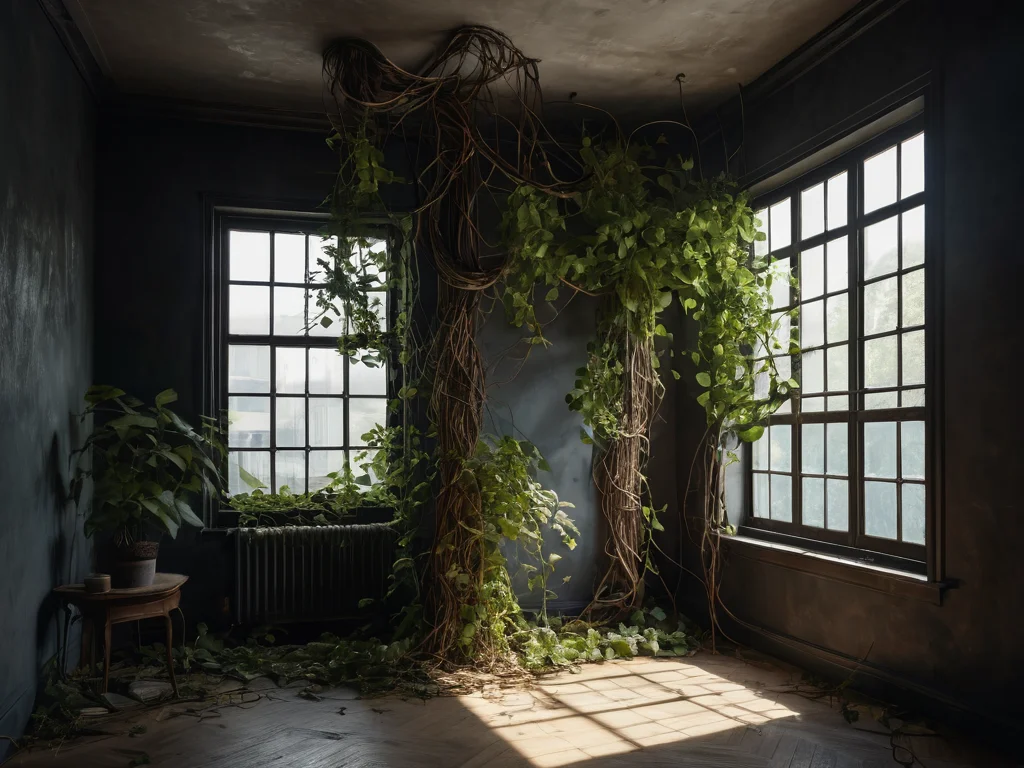 Сцена, иллюстрирующая распространенную ошибку: заросшее, спутанное вьющееся растение, создающее хаос и блокирующее потоки Чи в интерьере, подчеркивая скрытые угрозы и негативное влияние на энергетику дома по Феншуй.