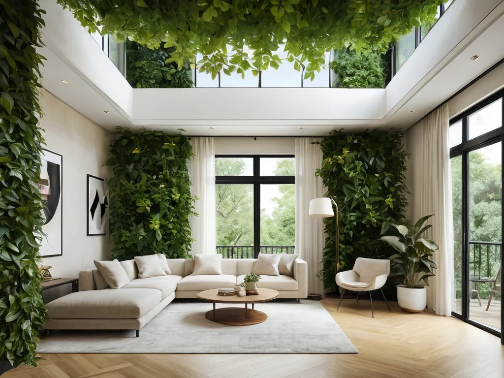 Великолепный интерьер, наполненный пышными вьющимися растениями, создающими ощущение зеленого маяка благополучия и мощной позитивной энергии. Пространство демонстрирует, как с помощью вьющихся растений можно создать энергетически сильное и гармоничное жилище по принципам Феншуй.