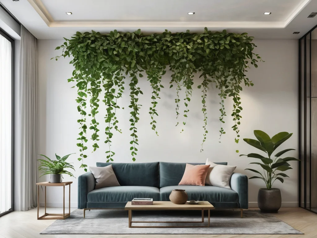 Изображение демонстрирует роскошное вьющееся растение, элегантно расположенное в современном интерьере, символизируя вопрос, являются ли вьющиеся растения даром или вызовом для вашего дома по Феншуй, и как они влияют на общую гармонию пространства.