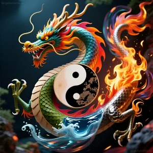 Яркое изображение дракона в стиле феншуй, воплощающего пять стихий: огонь, воду, дерево, металл и землю. Символ удачи и энергии.