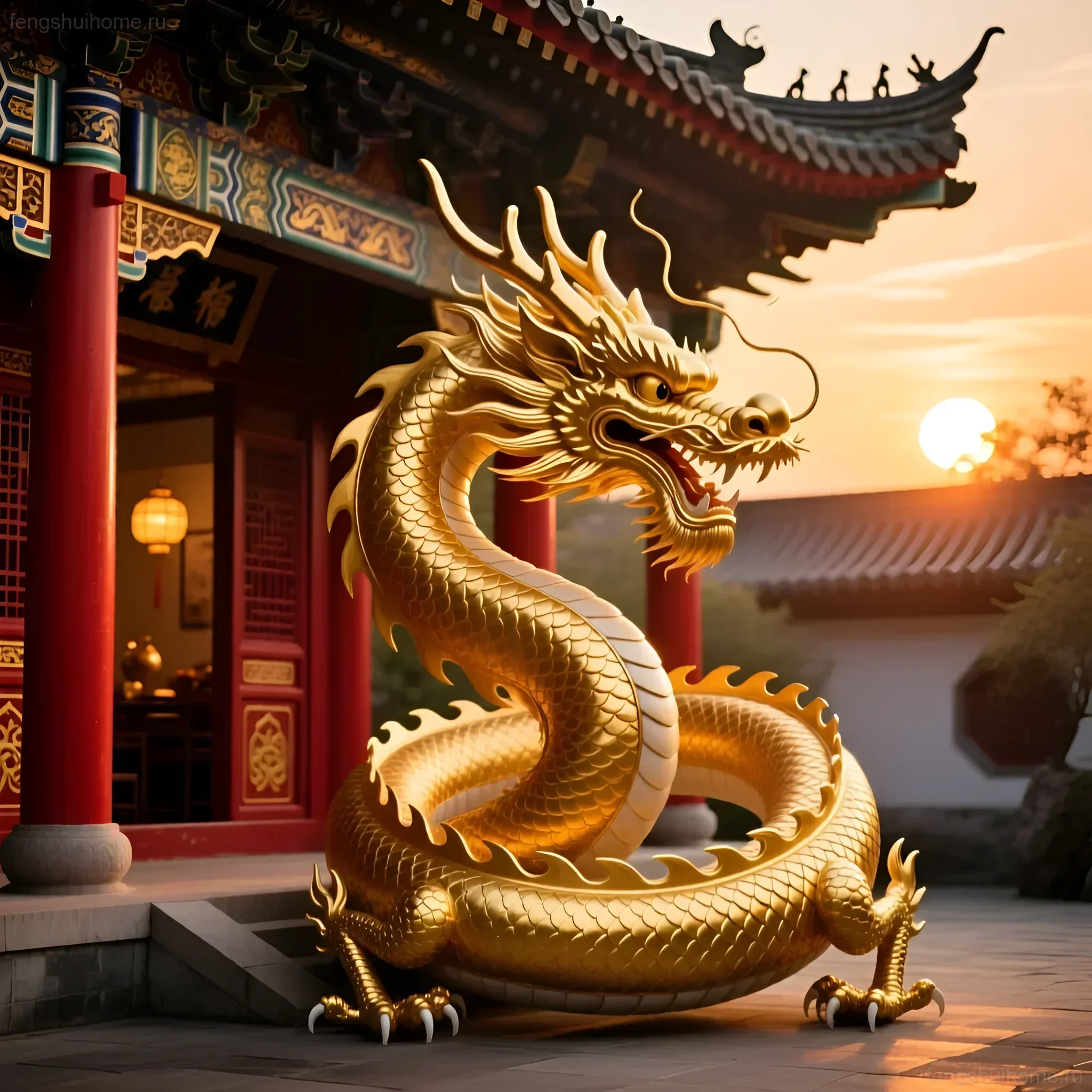 Изображение золотого дракона на фоне традиционной китайской архитектуры, символизирующее силу, мудрость и удачу в практике фэншуй.