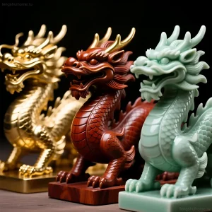 Фотография трех статуэток драконов из золота, красного дерева и нефрита. Идеально для иллюстрации статьи о феншуй и символике дракона.