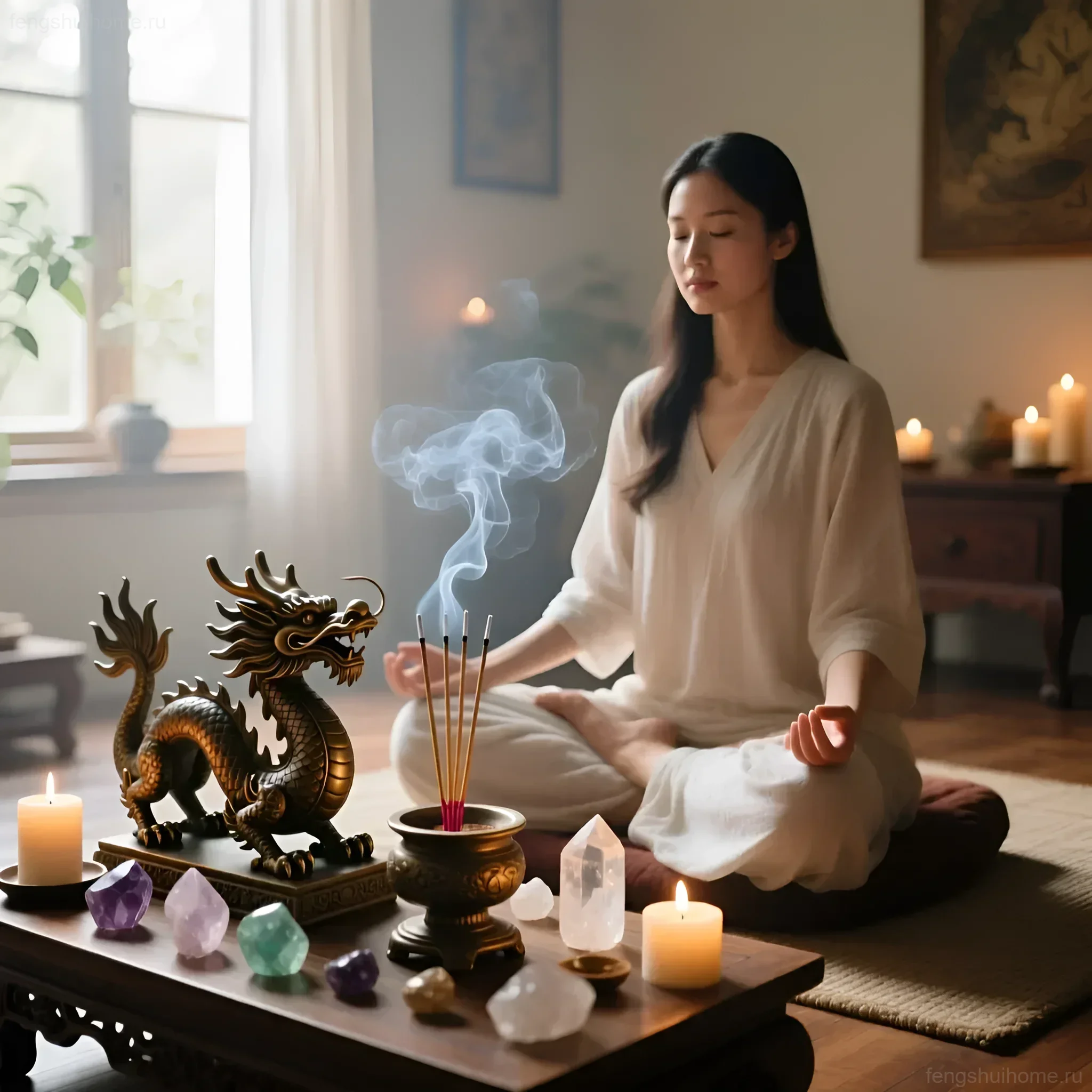 समृद्धि और कल्याण के लिए फेंग शुई ऊर्जा को सक्रिय करने का प्रतीक, क्रिस्टल के साथ ध्यान करने वाली महिला की मूर्ति और ड्रैगन की मूर्ति की तस्वीर।