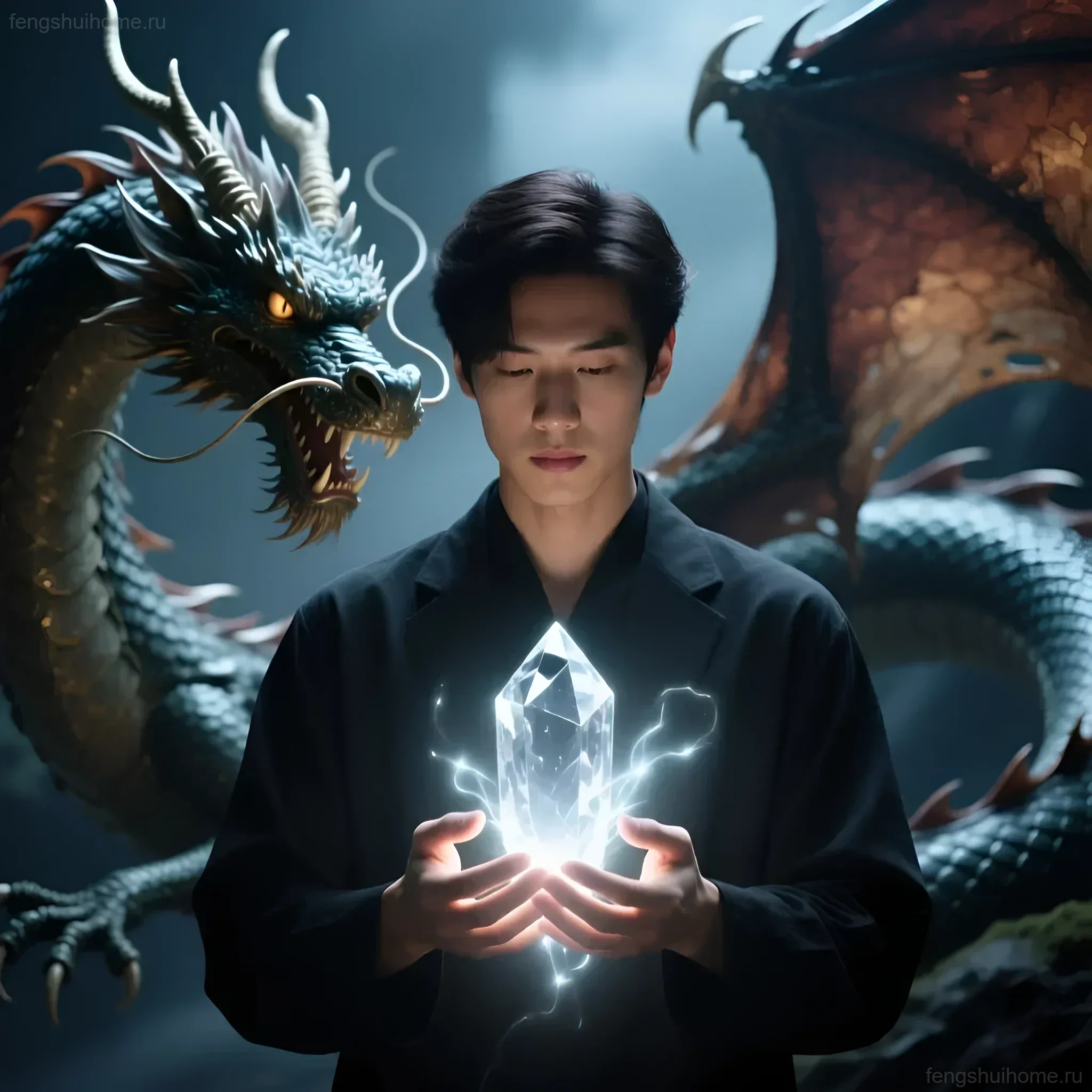फेंग शुई पर लेख के लिए चित्रण: एक आदमी एक क्रिस्टल के साथ ध्यान करता है, और उसके पीछे, एक शक्तिशाली पूर्वी ड्रैगन, जो शक्ति और सौभाग्य का प्रतीक है।