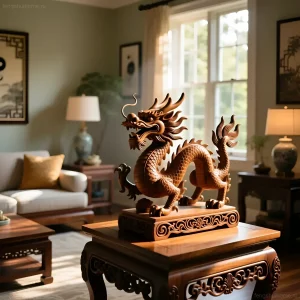 Изображение деревянной статуэтки дракона на резном столике в уютной гостиной, символизирующее удачу и силу по фэншуй.