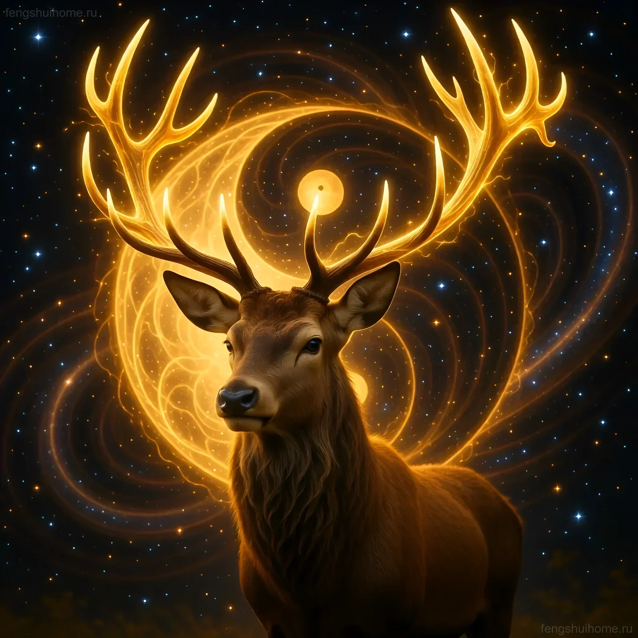 Изображение оленя с сияющими рогами на фоне звездного неба, символизирующее здоровье, долголетие и гармонию в феншуй. Идеально для статьи о талисманах.