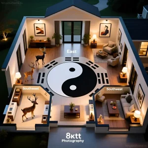 Иллюстрация феншуй дома с оленями, демонстрирующая оптимальное размещение талисманов для здоровья, долголетия и гармонии в интерьере.