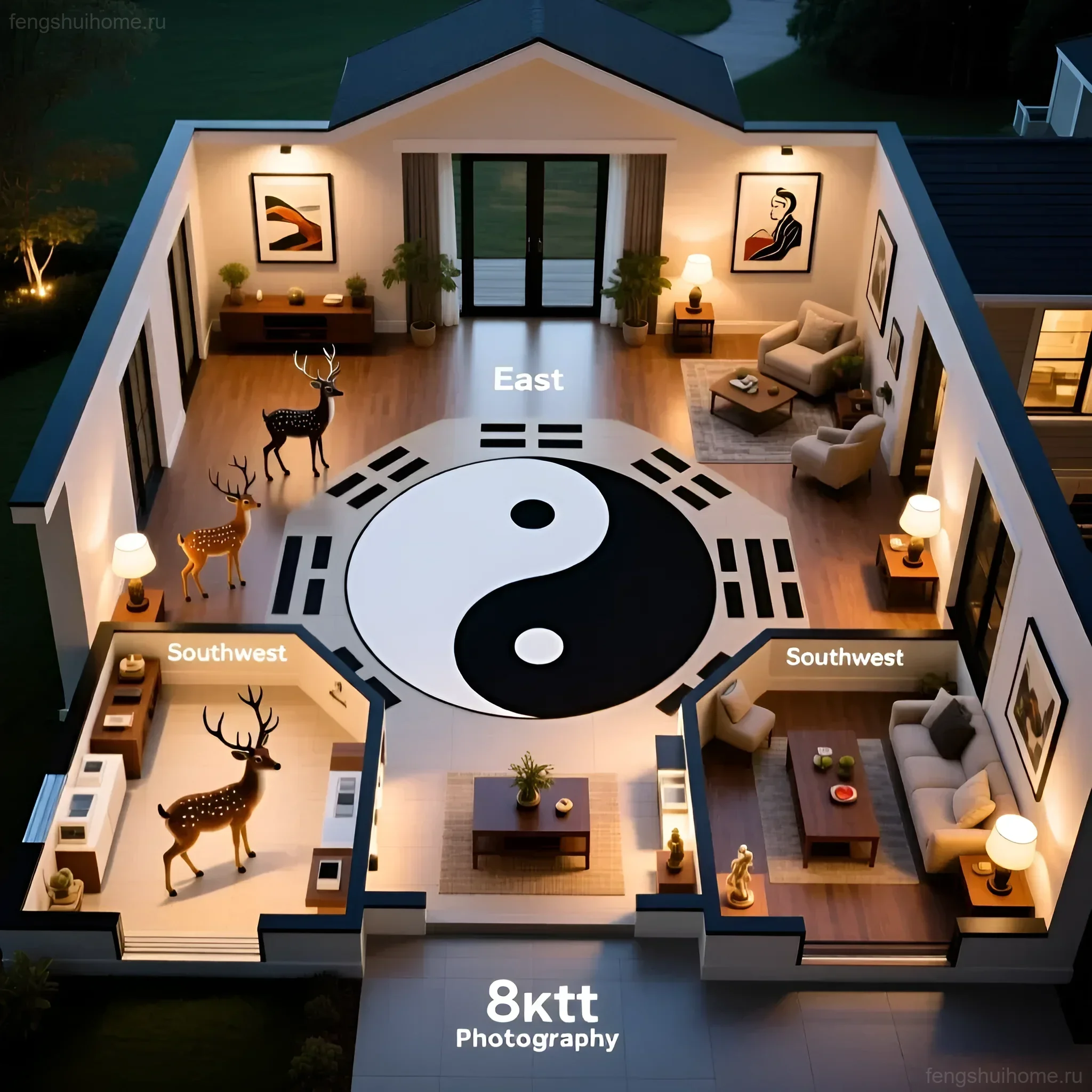 Иллюстрация феншуй дома с оленями, демонстрирующая оптимальное размещение талисманов для здоровья, долголетия и гармонии в интерьере.