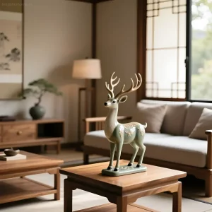 Фотография керамической статуэтки оленя в стиле минимализм, символизирующей здоровье и долголетие согласно феншуй. Идеально для статьи о талисманах.