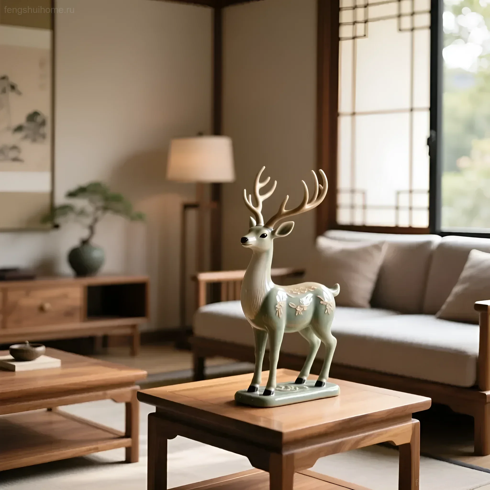 Фотография керамической статуэтки оленя в стиле минимализм, символизирующей здоровье и долголетие согласно феншуй. Идеально для статьи о талисманах.