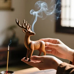 Фотография деревянной статуэтки оленя, окутанной дымом благовоний. Символ здоровья и долголетия в феншуй, активация талисмана.