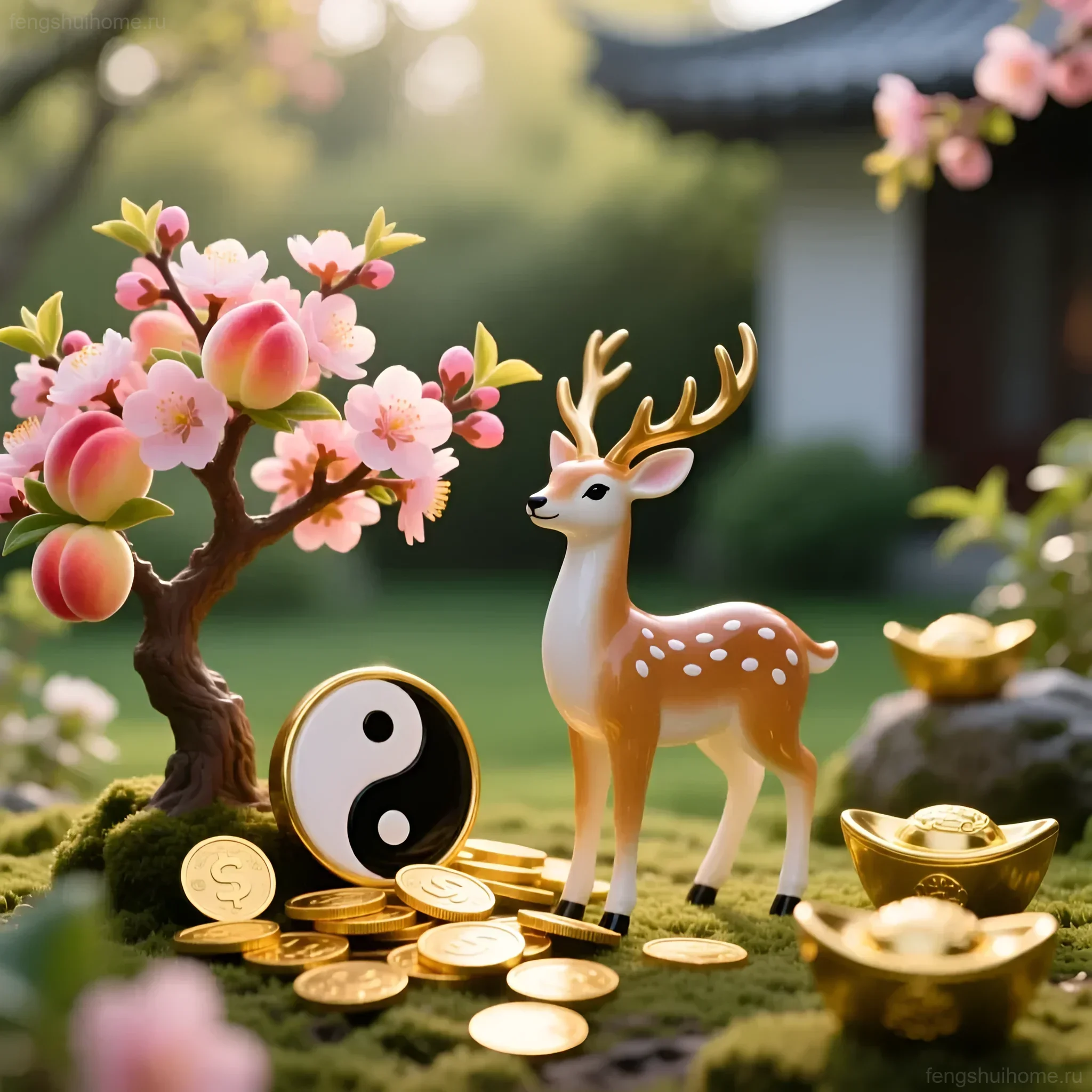 Изображение оленя, окруженного символами феншуй: монетами, Инь-Ян и цветущей персиковой ветвью, символизирующее здоровье и процветание.