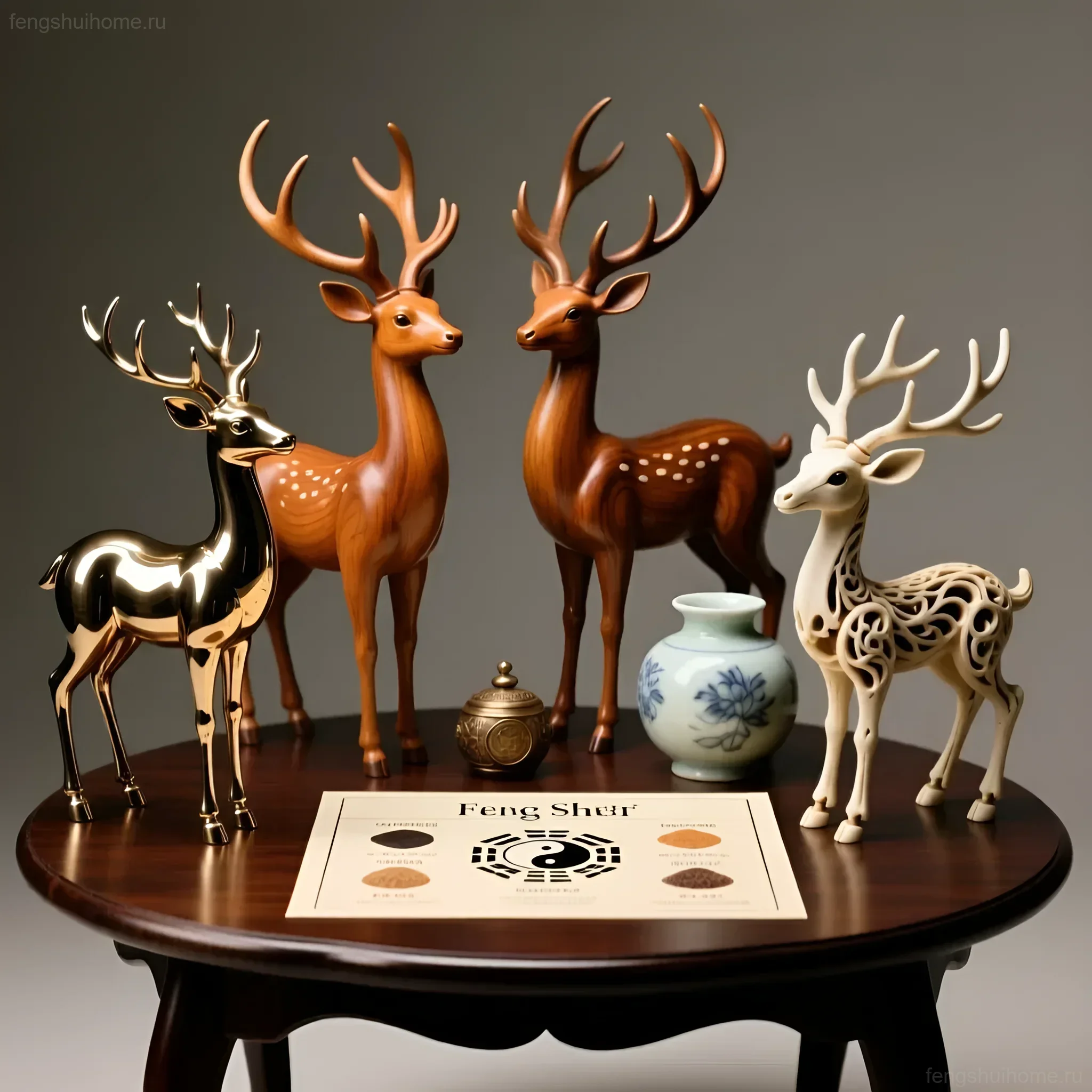 Изображение четырех статуэток оленей из разных материалов, символизирующих гармонию и долголетие в практике Феншуй. Идеальный талисман для дома.