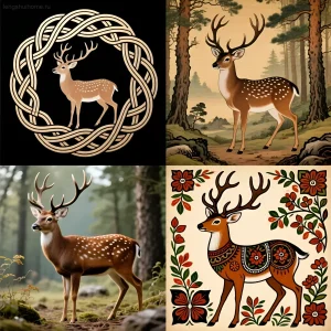Коллаж из четырех изображений оленей в различных стилях: от кельтского орнамента до народной росписи, отражающих символизм животного.