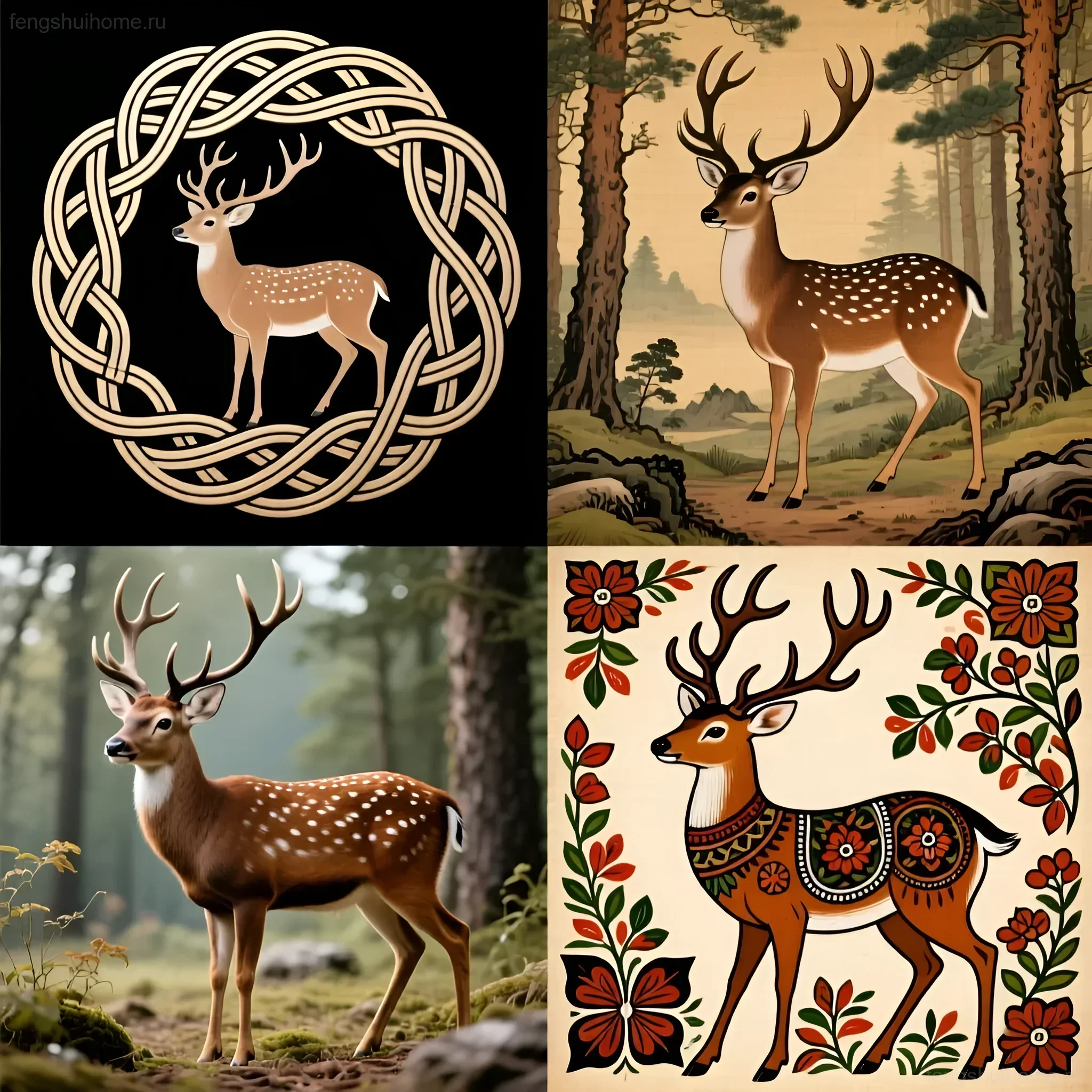 Коллаж из четырех изображений оленей в различных стилях: от кельтского орнамента до народной росписи, отражающих символизм животного.